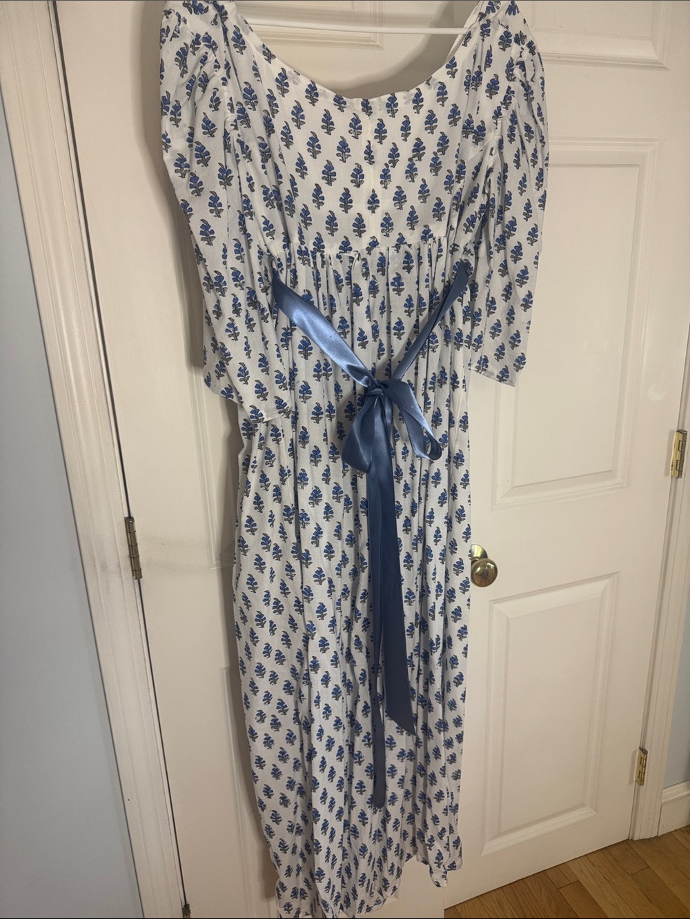 White regency period day Dress with Blue Floral Print - Picture 3 of 5